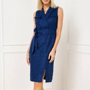 Luxe Irish Linen Dress Baird McNutt x Talbots bright navy blue A-line belted
